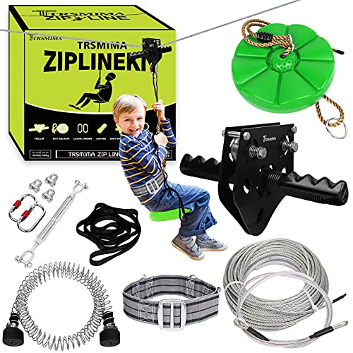 TT TRSMIMA 100 ft /120 ft /150 ft/180ft Zip Line Kit for Kids and Adult Up to 380 lb - Updated Removable Design Trolley and Thickened Seat, Rust Proof W/Safety Harness - Zipline Kits for Backyard