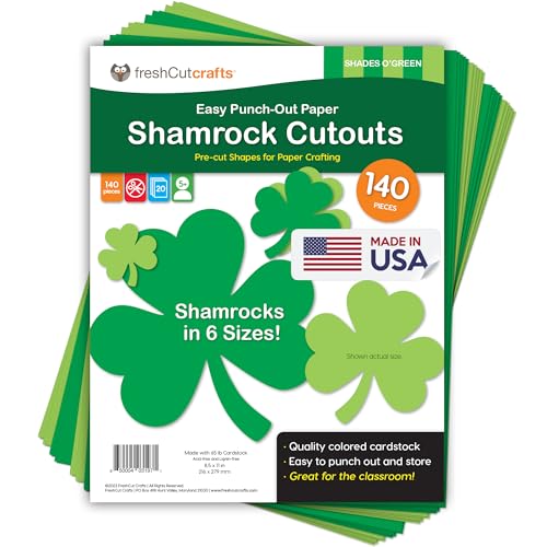 140 Piece Shamrock Cutouts Set: Pre-Cut Green Irish Clover Shapes for School Supplies, Decorating Themed Events Bulletin Board & St. Patrick's Day Decor, US Made Quality Card Stock