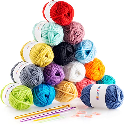 CRAFTISS 16x20g Acrylic Yarn Mini Skeins - 700 Yards of Soft Yarn for Crocheting and Knitting Craft Project, Assorted Starter Crochet Kit Yarn Bulk for Adults and Kids