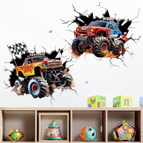 decalmile 2 Large 3D Racing Cars Wall Decals Trucks Break Through Wall Stickers Boys Bedroom Kids Room Playroom Wall Decor