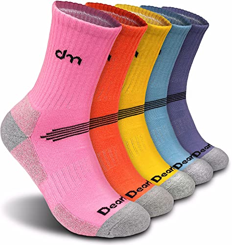 DEARMY Hiking Socks for Women/Men with Cushioned Moisture Wicking Sport Athletic Running Cotton Crew Socks-(5Pairs)(Small (Shoe Size: 6-8)-Orange/Yellow/Purple/Sky Blue/Pink)