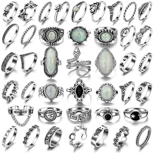 42 Pcs Vintage Silver Knuckle Rings Set for Women, Chunky 17IF Colorful Stone Rings Aesthetic Snake Grunge Stackable Gothic Ring Adjustable Y2K Punk Boho Finger Alt of Rings, Stacking Skull Moon Star Flower Link Midi Ring Pack