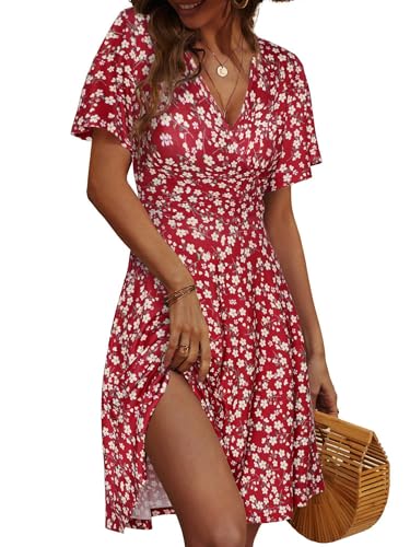 FENSACE Dresses for Women 2024 Casual Sun Dress for Beach Vacation Floral Spring Dress(Red,Medium)