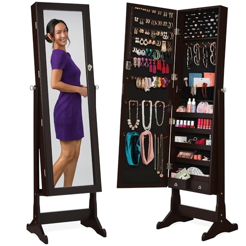 Best Choice Products Freestanding Jewelry Armoire Cabinet, Full Length Standing Mirror, Lockable Makeup Storage Organizer, w/Velvet Lining, 3 Angles, Lock, Accessory Pouch, 5 Shelves - Espresso