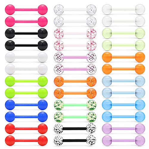 Lcolyoli 36Pcs 14G Glow in Dark Flexible Bioflex Acrylic Straight Tongue Barbell Nipple Ring Nipplerings Retainer Piercing Jewelry for Women Men 16mm Bar