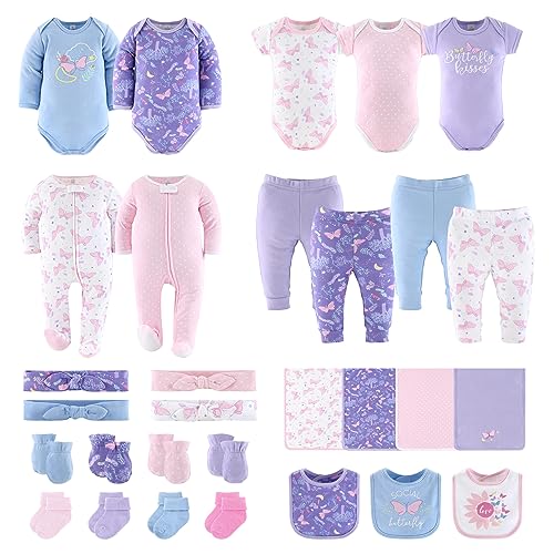 The Peanutshell Newborn Clothes & EssentIals Set, 30 Piece Baby Girl Layette Gift Set, 0-3 Month Outfits, Purple Butterfly