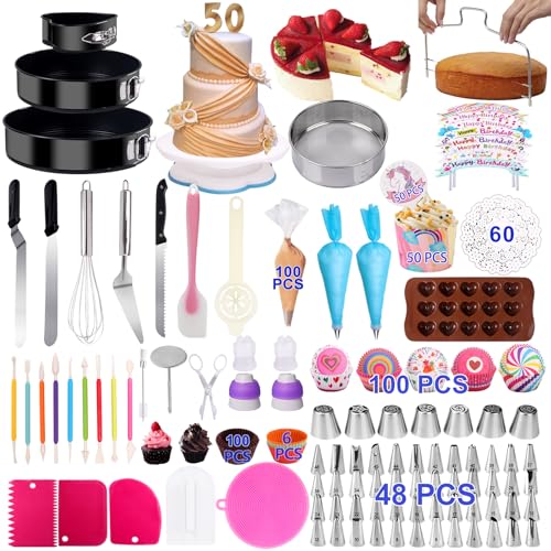 KOSBON 567 PCS Cake Decorating Kit Baking Supplies with 3 Springform Pans Set, Cake Decorating Supplies Rotating Turntable, Decorating Tools, Cake Baking Supplies Set for Beginners and Cake Lovers