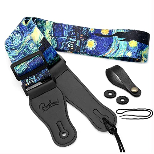 BestSounds Van Gogh Starry Night Guitar Strap Includes Strap Button & 2 Strap Locks, Adjustable Guitar Shoulder Strap For Bass, Electric & Acoustic Guitar, Best Gift for Men Women Guitarist