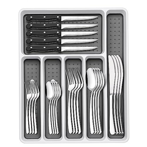 49-Piece Silverware Set with Organizer, Heavy Duty Stainless Steel Flatware for 8, Cutlery Utensil Sets with Steak Knives, Rust-proof, Mirror Polished, Dishwasher Safe