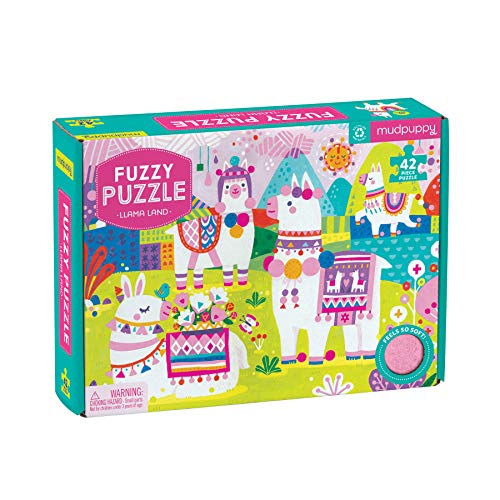 Mudpuppy Llama Land Fuzzy Puzzle, 42 Chunky Pieces, 15”x11” – for Ages 3+ - Puzzle Features Bright, Colorful and Whimsical Llamas with Soft Embellishments Throughout – Fun Sensory Puzzle