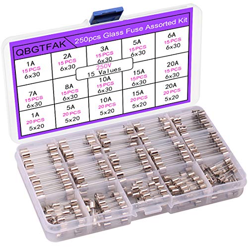 QBGTFAK 250pcs Quick Blow Glass Tube Fuse Assorted Kit 250V 1A, 2A, 3A, 5A, 6A, 7A, 8A, 10A, 15A,20A, 6x30mm, 250V 1A, 5A, 10A, 15A, 20A, 5x20mm (5x20mm and 6x30mm)