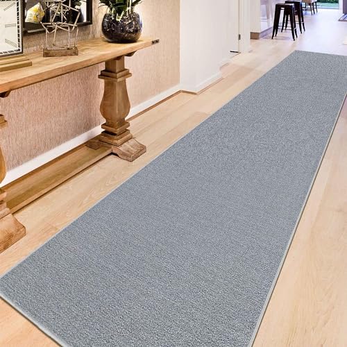 Machine Washable Modern Solid Design Non-Slip Rubberback 3x10 Traditional Runner Rug for Hallway, Kitchen, Bedroom, Living Room, 2'7' x 9'10', Gray