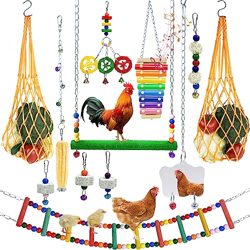 12PCS Longer Chain Chicken Toys for Coop Accessories,Xylophone Swing Flexible Ladder String Bag Vegetable Fruits Skewer Mirror Grinding Stone Pecking for Hens Bird Parrot