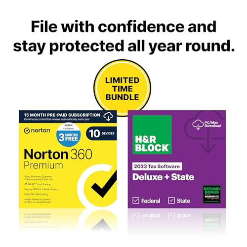H&R Block Deluxe + State with Norton 360 Premium, Antivirus Software for 10 Devices, Limited-time Bundle [Download]