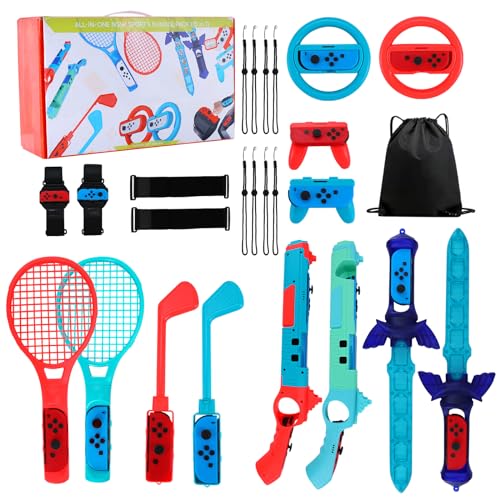 ZOOS Large-size Switch Sports Accessories Bundle for Nintendo Switch Accessories 15-in-1 Family Accessories Kit for Switch/OLED Sports Games with Switch Controllers Joy-Con Grips Golf Tennis Rackets