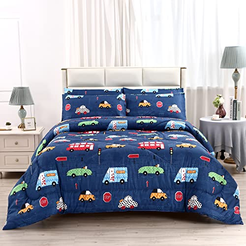 MAG 3Pcs Cartoon Car Bedding Comforter Set, Blue Cute Base Twin Comforter Set,for Toddlers Kids,Boys Teens and Girls,Super Soft Microfiber, Twin Size