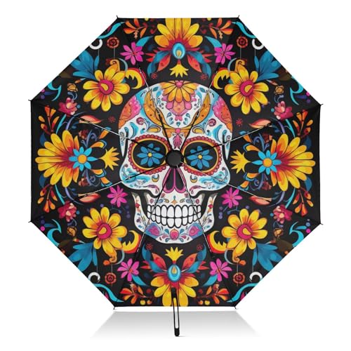 Joko Ivery Day Of The Dead Skull Flowers Travel Compact Umbrella for Rain Windproof Automatic Folding Umbrella with Cover Bag Golf Umbrella for Men Women Teenage Outdoor Walking