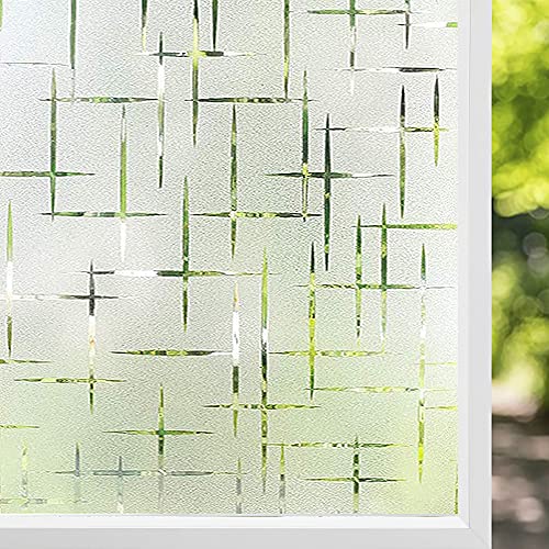 NINETREX Frosted Window Privacy Film,Window Cling Privacy Film, Decorative Glass Static Cling Non-Adhesive Vinyl Removable for Home Office Cross Pattern,17.5 x 78.7Inches