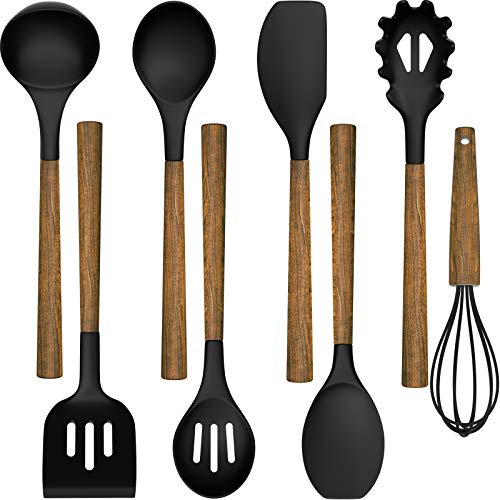 Silicone Cooking Utensil Set, Umite Chef 8-Piece Kitchen Set with Natural Acacia Wooden Handles,Food-Grade Silicone Heads-Silicone Kitchen Gadgets Spatulas Set for Nonstick Cookware- Black
