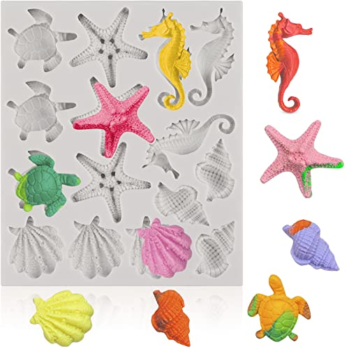 Marine Theme Fondant Silicone Molds, Seashell, Conch, Seahorse, Starfish, Tortoise Silicone Mold for Cake Decoration, Chocolate Candy Sugar Craft