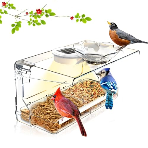 WENMIXER Solar Window Bird Feeder with Non-Marking Self-Adhesive Hooks, Clear Window Bird Feeder for Outside, Transparent Bird House, Outdoor Bird Feeders, Gardening Gift, Garden Decor