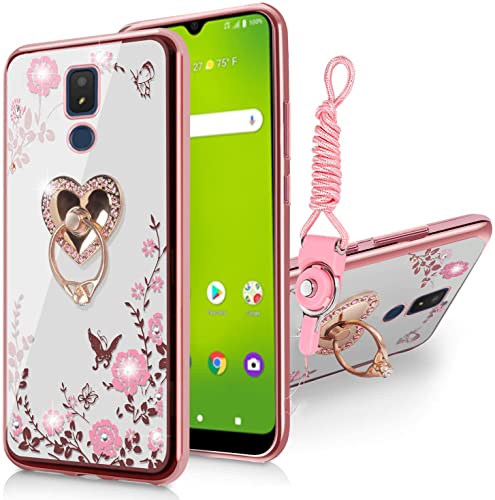 B-wishy for Cricket icon 3 Case for Women, Glitter Crystal Butterfly Heart Floral Slim TPU Luxury Bling Cute Protective Cover with Kickstand+Strap for Cricket icon 3 (Rose Gold)