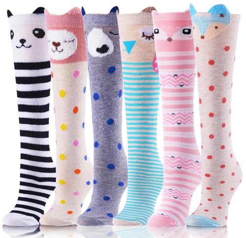 MOGGEI Kids Girls Knee High Socks Long Boot Crazy Silly Fun Gift Tall Funny Cute Animal Child Gift Stocking Stuffers Socks 6 Pairs Girls Socks (Animal A)