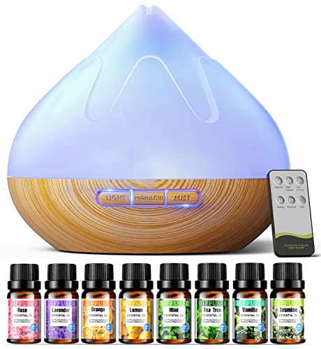 Aroma Diffiser with Essential Oils Set, 500 ML Essential Oil Diffuser with Remote Control, Humidifier with 14 Color Lights for Large Room, 4 Timer Setting, Auto Shut-Off