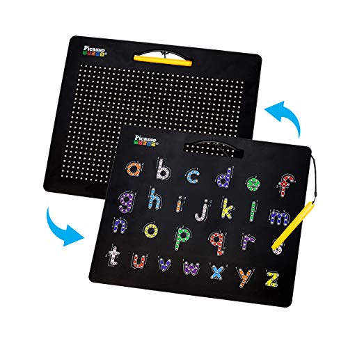 PicassoTiles 2-in-1 Magnetic Drawing Board Toy 12x10 inch Large Magnet Bead Tablet Pad with 2 Facings Alphabet STEM Free Style Educational Erasable & Reusable Learning Writing Playboard in Black PTB04