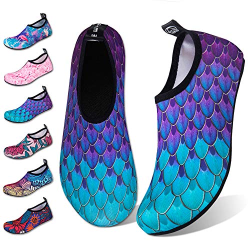 WateLves Water Shoes for Womens Mens Barefoot Quick-Dry Aqua Socks for Beach Swim Surf Yoga Exercise New Translucent Color Soles (Fishscale-Bluegreen, 40/41)