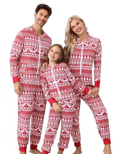 Valossie Women Christmas Hoooded Cute Christmas Tree Print Pajamas Adult Christmas Pajamas Xmas Pjs Family Jumpsuit Red