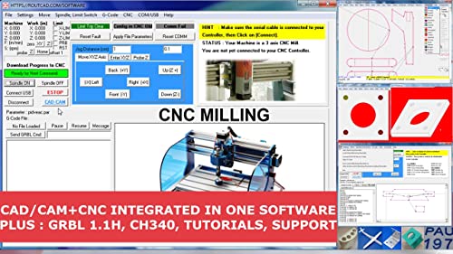 CAD CAM CNC Mill Software for GRBL, CNC 3018, Arduino CNC Shield, A4988 Driver. Design your part, generate the g-code, and run your CNC with a fully integrated Software that includes tutorial videos.