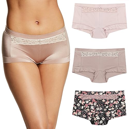 Maidenform Women's Underwear, Microfiber Boyshort, Full-Coverage Panty, 3-Pack, Sandshell/Evening Blush/Mauve Petal