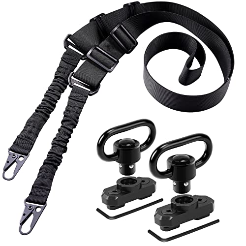 REERON Two Point Traditional Sling with Mounts - Adjustable Extra Long Two Point Traditional Sling with 2 Pack 1.25' QD Sling Rail Mounts for M Lock (Black Sling + 2 Pack Swivel Mounts)