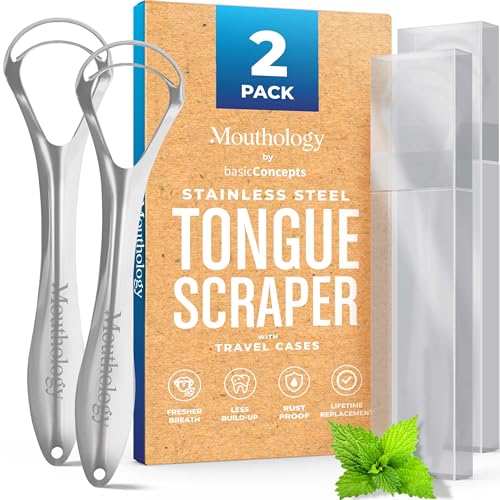 Mouthology Tongue Scraper for Adults, Stainless Steel Metal Tongue Scraper for Tongue Cleaning and Reducing Bad Breath, Handle Tongue Scraper for Oral Care with Case, Reusable (2 Pack)