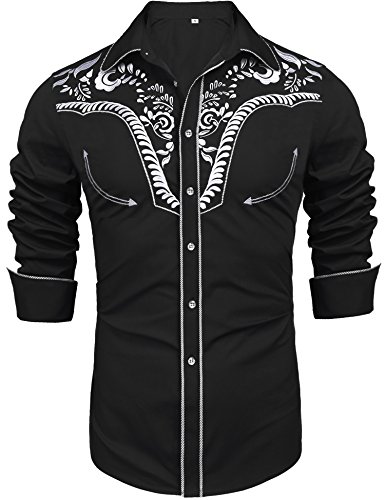 Daupanzees Men's Long Sleeve Embroidered Shirt Mariachi Suit Slim Fit Paisley Casual Button Down Shirts(Black M)