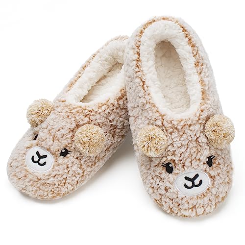 cosyone1997 Cute Slippers for Women Adults Kids Girls Teens, Fuzzy Bedroom Shoes Indoor, Soft Cozy Fluffy House Socks, Unique Funny Christmas Gifts for Mom Grandma Animal Lovers, Bear Size 9-10