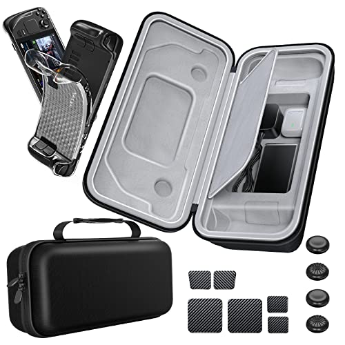 Mooroer Steam Deck Case, 12 in 1 Steam Deck Carrying Case Built-in AC Adapter Charger Storage, Steam Deck Accessories Bundle with Protective Case & Touch Skin Sticker & Thumb Grips, Black