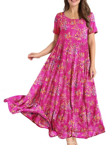 YESNO Women Casual Loose Bohemian Floral Dress with Pockets Short Sleeve Long Maxi Summer Beach Swing Dress XL EJF CR26 Pink