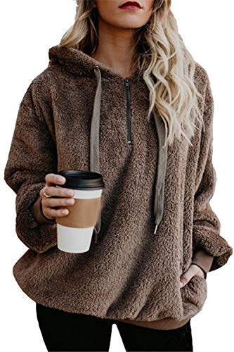 ReachMe Womens Oversized Sherpa Pullover Hoodie with Pockets Fuzzy Fleece Sweatshirt Buffalo Plaid Fluffy Coat(A Brown,S)