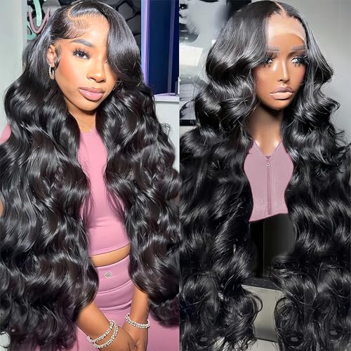 Misvin Body Wave HD Lace Front Wigs Human Hair Pre Plucked 28 Inch 180% Density 13x4 Glueless Frontal Wigs Human Hair Lace Front Wig with Baby Hair for Women Natural Black