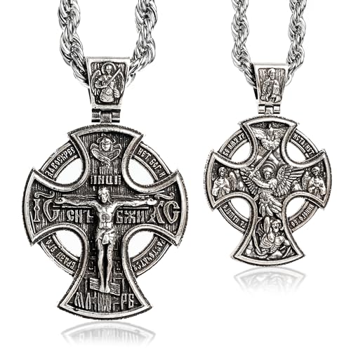 BGCOPPER Sterling Silver Cross Necklace for Men Women, Archangel Saint Michael Cross Pendant for Boys, Jesus Crucifix Pendant Christmas Gift