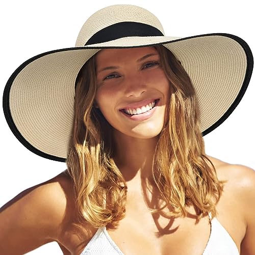 FURTALK Wide Brim Sun Straw Hats for Women UPF 50 Foldable Roll up Floppy Summer Beach Hat