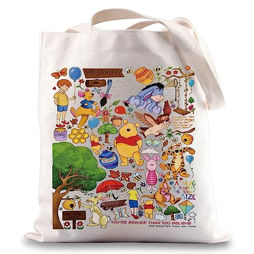 BWWKTOP Pooh Bear Canvas Tote Bag Piglet & Eeyore & Tiger Fans Gifts Pooh Bear Shoulder Bag For Movie Fans (you're braver than)