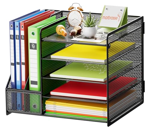 Marbrasse Desk Organizer with File Holder, 5-Tier Paper Letter Tray Organizer, Mesh Desk Organizers and Accessories with Magazine Holder, Desktop Organizer and Storage for Office Supplies (Black)