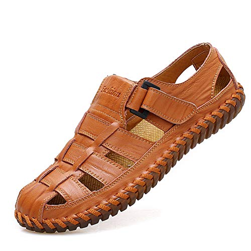 Qiucdzi Mens Sport Sandals Breathable Outdoor Fisherman Shoes Adjustable Closed Toe Summer Leather Loafters (12 M US, Dark Brown)