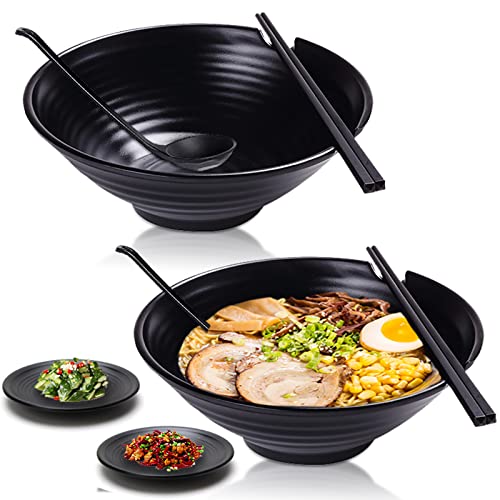 Vivimee Unbreakable Japanese Style Ramen Bowl Set of 2, 37oz Black Large Matte Melamine Bowls and Spoons Set with Chopsticks & Saucers for Pho Thai Miso Udon Soup Noodles or Asian Food