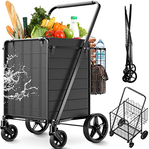 Shopping Cart for Groceries,Jumbo Upgraded Grocery Cart with Waterproof Liner, 360° Rolling Swivel Wheels and Double Basket, Heavy Duty Folding Shopping Cart for Shopping Laundry-Hold Up to 340 LBS