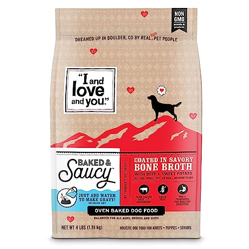 'I and love and you' Baked and Saucy Dry Dog Food with Gravy Coating, Beef and Sweet Potato Recipe, Grain Free, Coated in Bone Broth, Prebiotics and Probiotics, Real Meat, No Fillers, 4 lb Bag