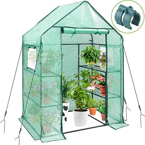 Ohuhu Greenhouse for Outdoors with Mesh Side Windows, 3 Tiers 4 Shelves Small Walk-In Green House Plant Stands Plastic PE Cover Outside Portable Warm House for Seedling Flowers Growing, 4.8x2.5x6.4 FT
